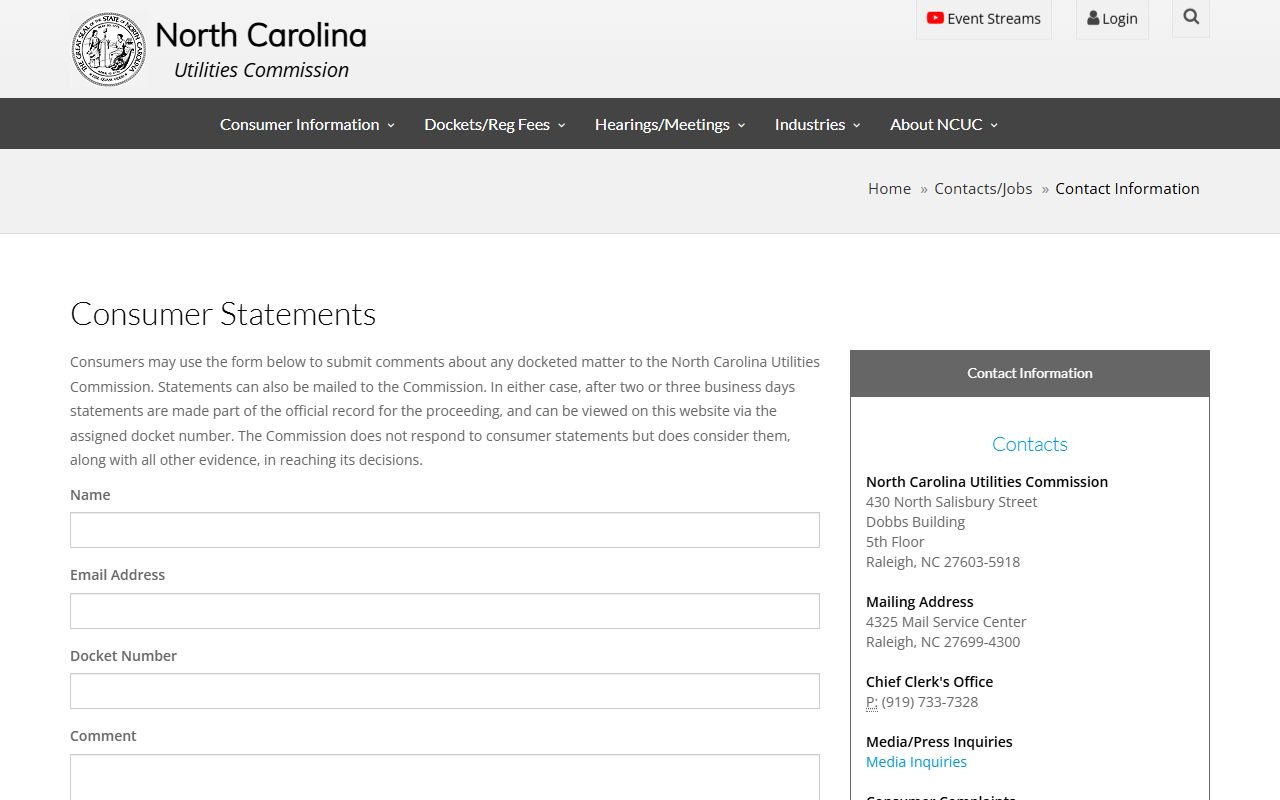 North Carolina Utilities Commission contact and consumer complaint phones