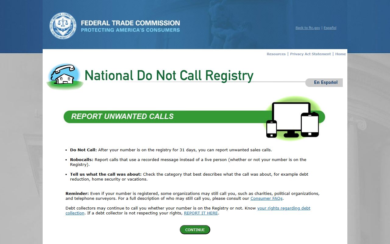 FTC Do Not Call unwanted-call report form