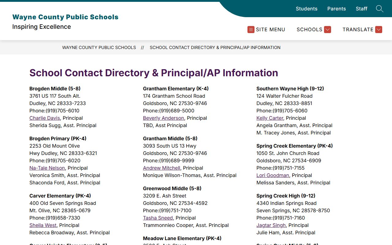 Goldsboro phone numbers Wayne County Public Schools school contact directory